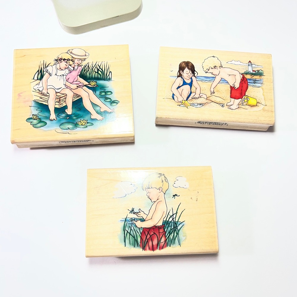 Inkadinkado Nancy Cole Wood Rubber Stamp Lot 3 Summer Beach‎ Kids 9080 9081 9083